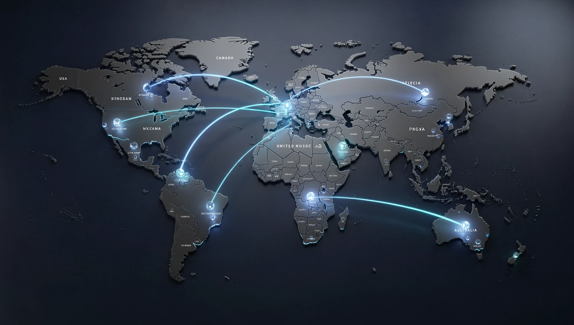 Global network map showing BPO call routes between the USA, Canada, UK and Australia